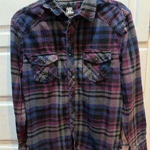 Men's Plaid Flannel Shirt - Black, Blue, and Purple Route 66 snap buttons M